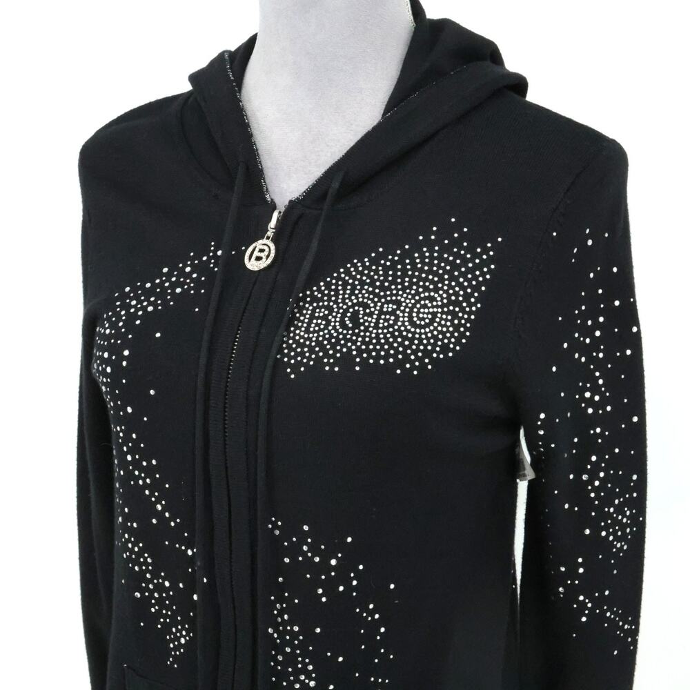 BCBG Max Azria Jacket Juniors Large Black Hooded Pockets Rhinestones Full Zip - Picture 12 of 16